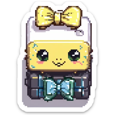 pixel art of a battery with a bow and eyelashes, smiling, chibi style sticker