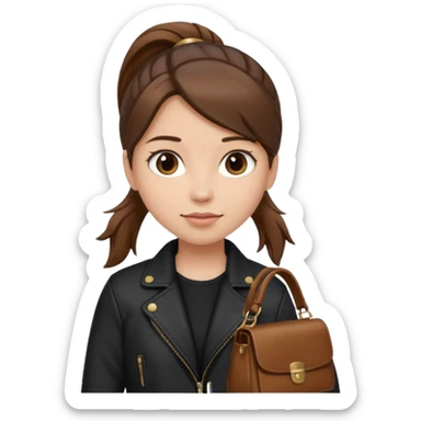 A girl with a pony tail brown hair and white ish skin with a black jacket and a brown purse sticker