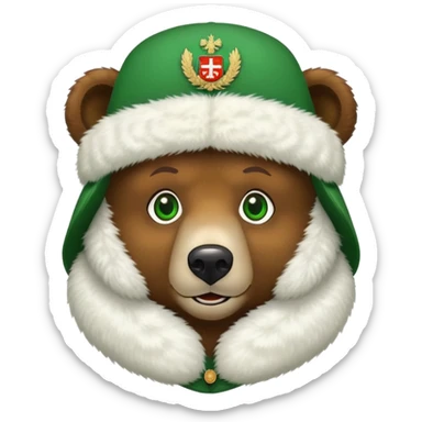 Sweet brown bear face with green eyes, white fluffy ushanka hat with very visible Russian Federation coat of arms in center, iOS emoji style sticker