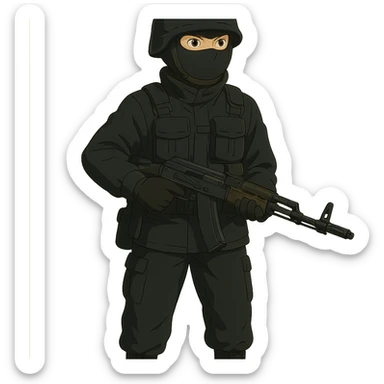 ghibli style armed figure in all-black military clothing, shiesty mask, and helmet sticker