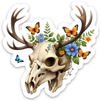 Elk skull with plants, flowers, butterflies  sticker