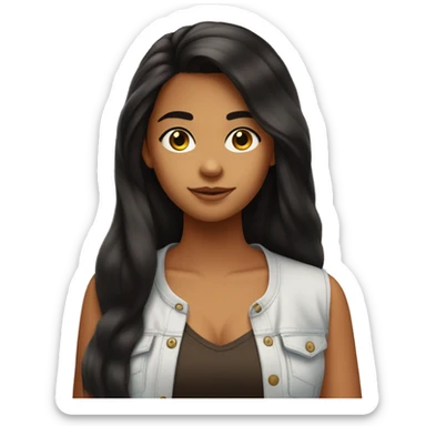 A teenage girl with tanned skin, long black hair down to her chest, which is fluffy hair, writing sticker