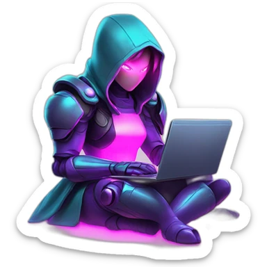Girl developer behind his laptop with this style : Nintendo Samus Video game neon glowing bright purple pink black hooded hacker themed character sticker