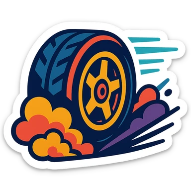 stylized tire with exaggerated smoke and speed lines, vibrant colors, modern illustration sticker