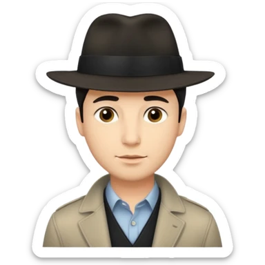 A light-skinned man with short dark hair, and a black fedora, with an oval face and calm look. sticker