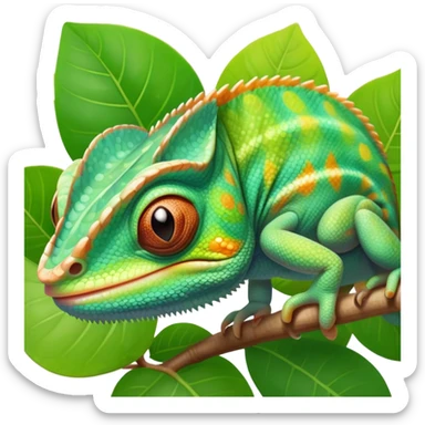 cinematic cute-smiling baby chameleon-realistic emoji,-blending-with-vibrant-greenery.-detailed-scales-in-shifting-colors,-showing-the-chameleon’s-ability-to-camouflage.-soft-natural-light-highlights-its-texture.-light-background, zoomed into its face sticker