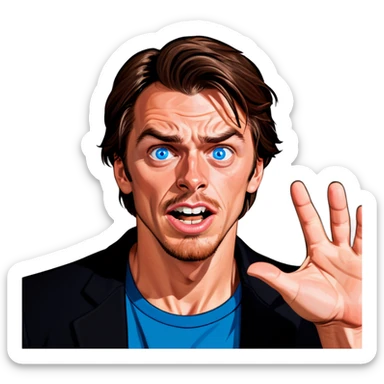 Brown haired blue eyed man asking for money while frantic sticker