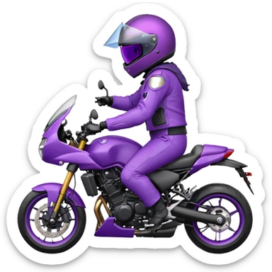 Créer un emoji avec une moto mt07 sport noir mate / violet iridescent très foncé. Avec une pilote dessus visière violet sombre faceless, bulle de la moto violet. Avec fond arrière violet, tenue complète casque inclus violet  sticker