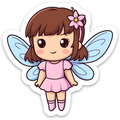 Beautiful fairy girl with brown hair and bangs and brown eyes and wearing pink and sparkles sticker