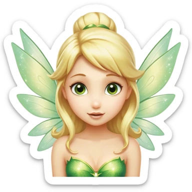 Cinematic Realistic Blonde Tinker Bell Fairy Portrait, head tilted playfully and inquisitively, showcasing a delicate pixie form with finely detailed, golden blonde hair and softly glowing, translucent wings that catch the light with a cascade of fairy dust. Her bright, curious eyes sparkle with mischief and wonder, rendered with lifelike clarity and warm, gentle lighting that captures the essence of a spirited, charming fairy ready to flutter playfully into your heart. sticker