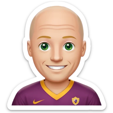 young-ish 50 year old man dressed in a brisbane broncos jersey, bald head, fair skin, happy face, blueish green eyes sticker
