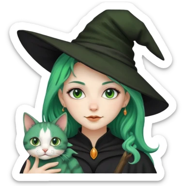 Witch with cat companion, green haired sticker