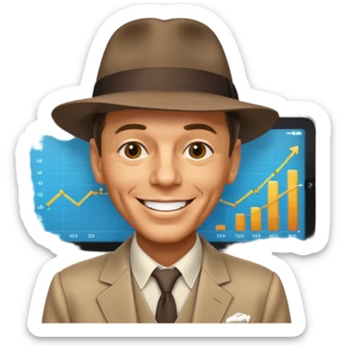 Frank Sinatra with the hat on, smiling and showing data analytics on a screen in the background sticker