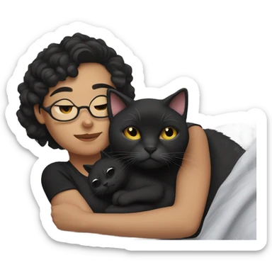 Pale white young woman with short dark curly hair with glasses cuddling, sleeping in bed with one black cat sticker