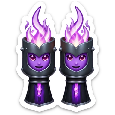 A Discord emoji of a pair of black armored gauntlets holding a flickering violet flame. The hands are positioned as if offering a gift. Dark gothic fantasy, glowing magical effects, high contrast, 2D vector style, white background. sticker