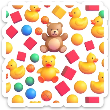 Colorful toys scattered together - teddy bear, rubber duck, toy blocks, ball, and action figures sticker