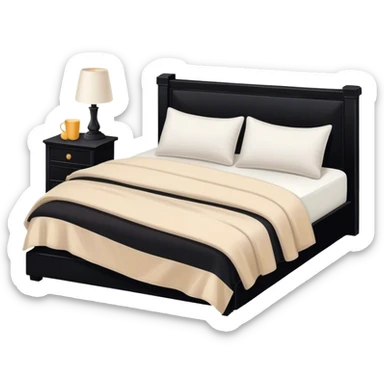 Black bed with pillows and blankets, cozy vibe white and beige sticker