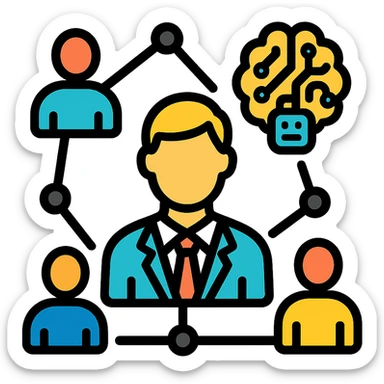 modern icon for a manager-focused AI community, showing people connected by network nodes and a hint of AI, such as a digital brain or robot outline sticker