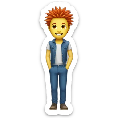 The person wears yellow, has spiky red hair, white skin, and blue eyes and pants sticker