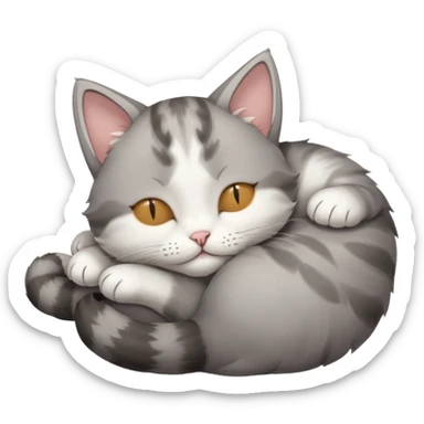 grey and white small cat with eyes closed lying down upside down tightly hugging its own face sticker