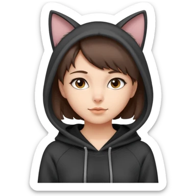 a girl with short brown hair, grey cat ears and a tail, with a black hoodie on  sticker