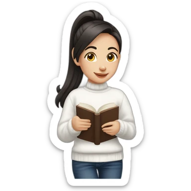 dark haired girl with a pony tail, wearing a white sweater with a new year ornament, in dark blue jeans. She is holding a book of English grammar in her hands. sticker