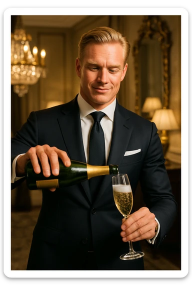 A powerful, wealthy, and healthy blonde white man in a tailored suit, pouring champagne, radiating confidence and affluence. sticker