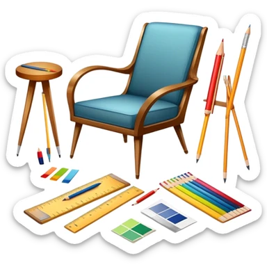 Icon for Furniture Design: a sketch of a stylish piece of furniture, like a chair or sofa, with design tools such as a ruler, pencil, and fabric swatches. The icon should represent creativity and craftsmanship in furniture design. Transparent background. sticker