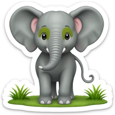 A large 3D cartoon elephant standing on green grass, smooth gray skin, big ears, curved trunk raised slightly, gentle smile, bright natural sunlight, Memoji-style. sticker