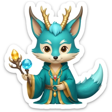 Chibi teal fox with small antler horns, confident magical expression, gold mark on forehead, teal-gold robe, holding glowing blue water orbs, with dragon tail with small antler horns on its head sticker