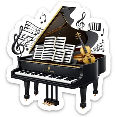 Create a sophisticated and celebratory emoji collage representing keyboard instruments, designed in the style of a coat of arms or crest. The design should feature a central, ornate grand piano with black and white keys, surrounded by a ribbon of musical notes. The ribbon should intertwine with a second ribbon made of black-and-white piano keys, creating a flowing, symmetrical pattern. Include delicate, elegant details such as the pedals of the grand piano, intricate woodwork, and the glossy, polished surface of the instrument. The musical notes should be swirling around the design in a harmonious, festive arrangement. Use gold, silver, and rich wood tones to evoke a sense of luxury and professionalism, with the black-and-white keys of the piano adding contrast. The background should remain transparent. sticker