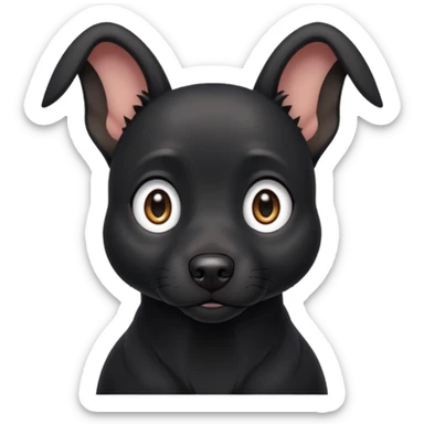 Shadow is a black dog with big upright ears and bright, expressive eyes. He has a sleek, dark coat and a calm but alert look. His face is gentle and intelligent, with a slightly curious expression. Shadow looks loyal, attentive, and a little playful, giving off both a protective and affectionate  sticker