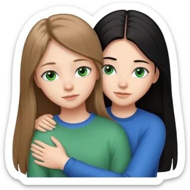 una ragazza dall‘ età di 19 anni con capelli castani chiaro lunghi e lisci ,  occhi CELESTI ,  e una ragazza di 17 anni capelli neri occhi verdi che si abbracciano   sticker