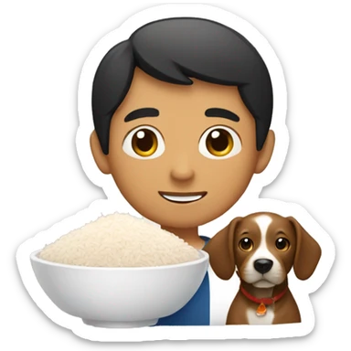 A brown Asian boy with a bowl of rice and a dog  sticker