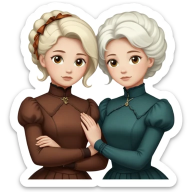 Two Victorian women with light eyes standing close together, one with bright pure white coiffed hair and one with dark copper coiffed hair, both wearing Victorian turtleneck dresses with their arms wrapped tightly around each other sticker