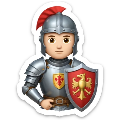 An emoji portrait of a medieval knight. He wears a suit of armor with a stylized helmet. His expression is serious and determined, and he holds a shield with a family crest. sticker