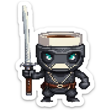 coffee mug with expressive eyes wielding a ninja sword sticker