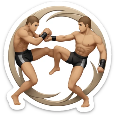 An icon symbolizing wrestling martial arts, featuring two stylized figures locked in a dynamic grappling pose. The background shows abstract elements representing strength and technique, with a circular design to represent unity and focus. Transparent background sticker