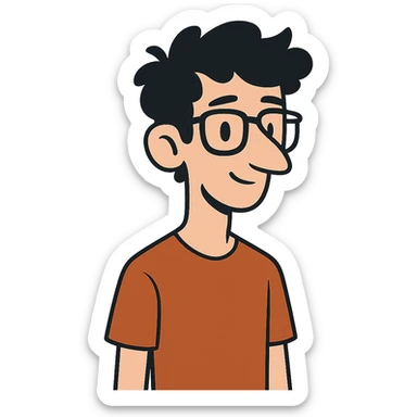 flat toon style skinny white boy with wavy black hair, big nose, black glasses sticker