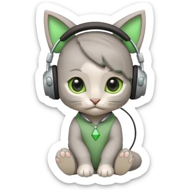 a small little grey kitten sitting on a seat and wearing headphones and there is a green rhombus over her head sticker