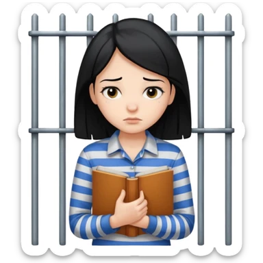 girl with black hair behind bars holding a book, casual shirt top sticker