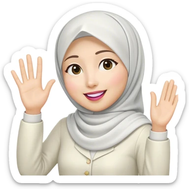 Asian white woman hijab, her hijab color is white, her face is small oval, her face is firm, her lips are pink, her eyes is shining, her face looks happy and excited, her eyes are also smiling, her outfit color is white. Generate emoji that show full body and her left hand is waving to the left sticker