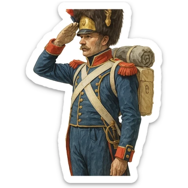 Vieille Garde soldier, Napoleonic era, saluting, blue uniform with gold trim, bearskin hat, historical sticker