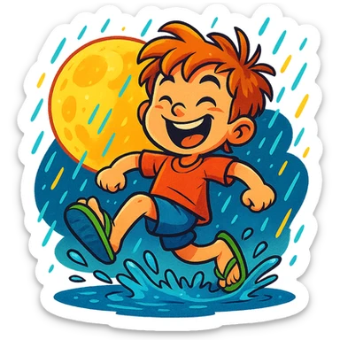 vibrant toon style criança sapeca de chinelos, chuva brilhante e lua grande sticker