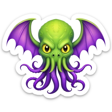 light green Cthulhu with purple bat wings and purple gradient tentacles. Yellow angry eyes sticker