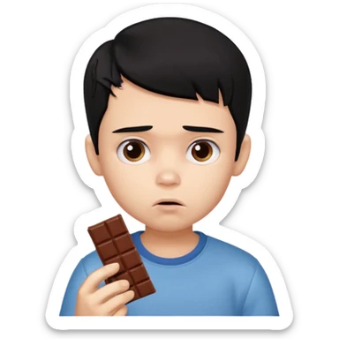 a PRETTY BRATZ boy with black hair eating chocolate and looking sad sticker