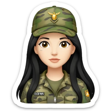 cartoon woman with long black hair wearing camo clothes and ian charms cap sticker