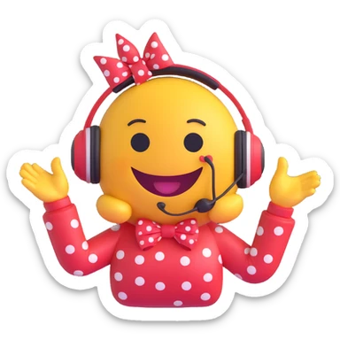 3D smiley emoji, large eyelashes, red polka dot bow, wearing headphones, smiling, waving with one hand, floating musical notes beside, cute style sticker