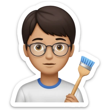 boy dark brown hair with bangs with straight eyebrows cleaning sticker