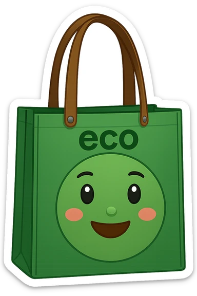 Add the word 'eco' as a logo to the bag, make the bag green, in the style of apple emojis with no background (transparent). The style is apple emoji style, concise and clean. sticker